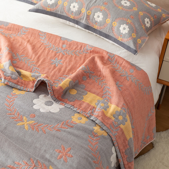 91家纺网 家纺一手货源 找家纺 朴尔  2023年新款四层韩版碎花风全棉纱布毛巾被 花环-灰