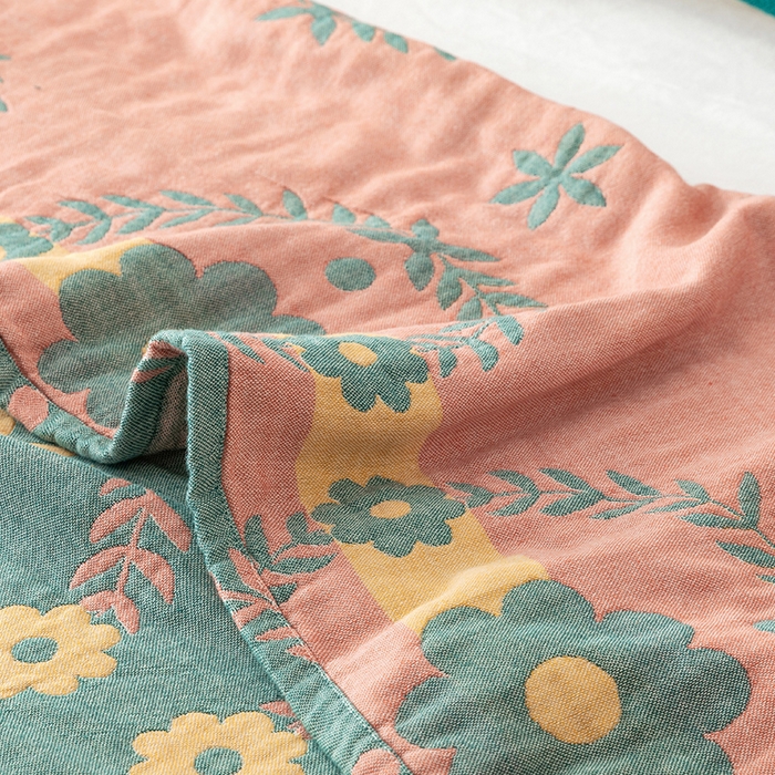 91家纺网 家纺一手货源 找家纺 朴尔  2023年新款四层韩版碎花风全棉纱布毛巾被 花环-绿