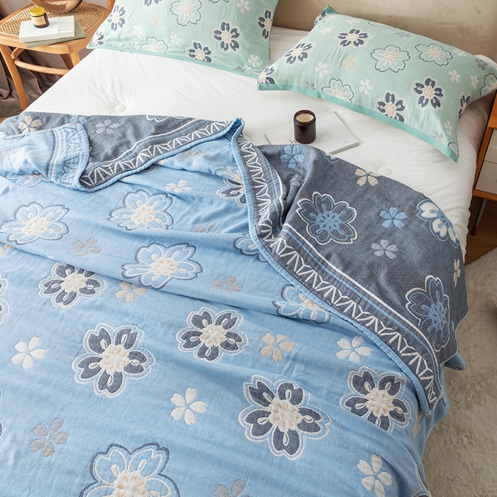 91家纺网 家纺一手货源 找家纺 朴尔  2023年新款四层韩版碎花风全棉纱布毛巾被 花亭玉暖-蓝