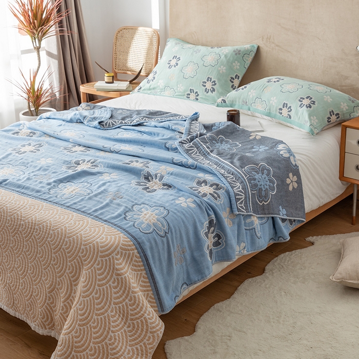 91家纺网 家纺一手货源 找家纺 朴尔  2023年新款四层韩版碎花风全棉纱布毛巾被 花亭玉暖-蓝