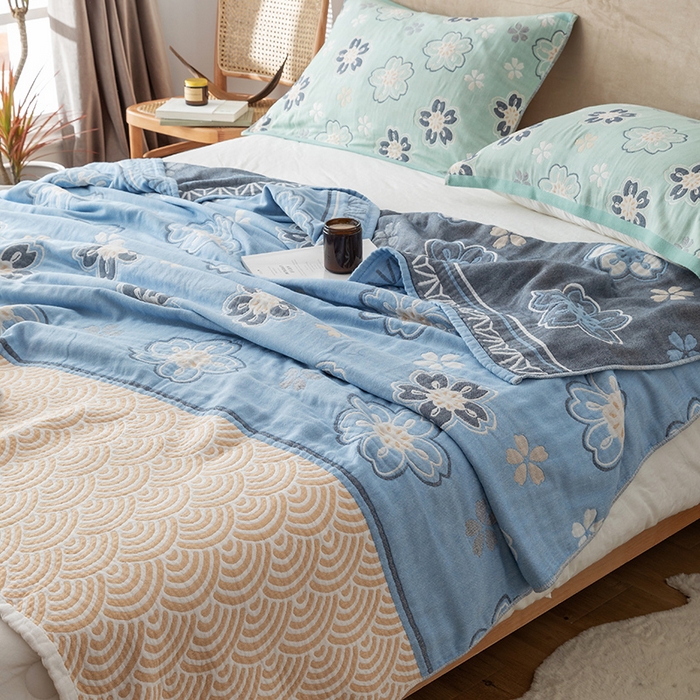 91家纺网 家纺一手货源 找家纺 朴尔  2023年新款四层韩版碎花风全棉纱布毛巾被 花亭玉暖-蓝