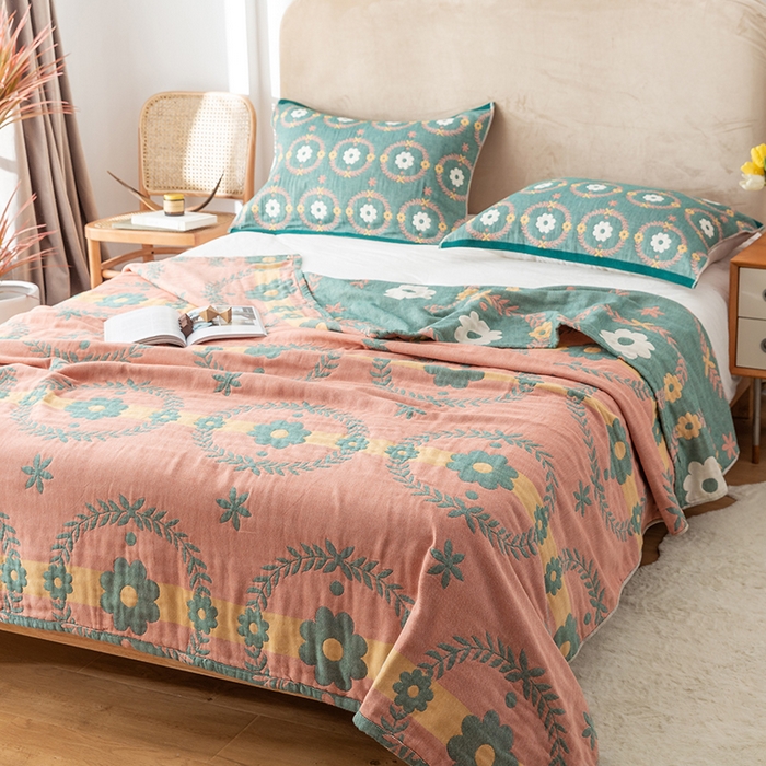 91家纺网 家纺一手货源 找家纺 朴尔  2023年新款四层韩版碎花风全棉纱布毛巾被 花环-绿