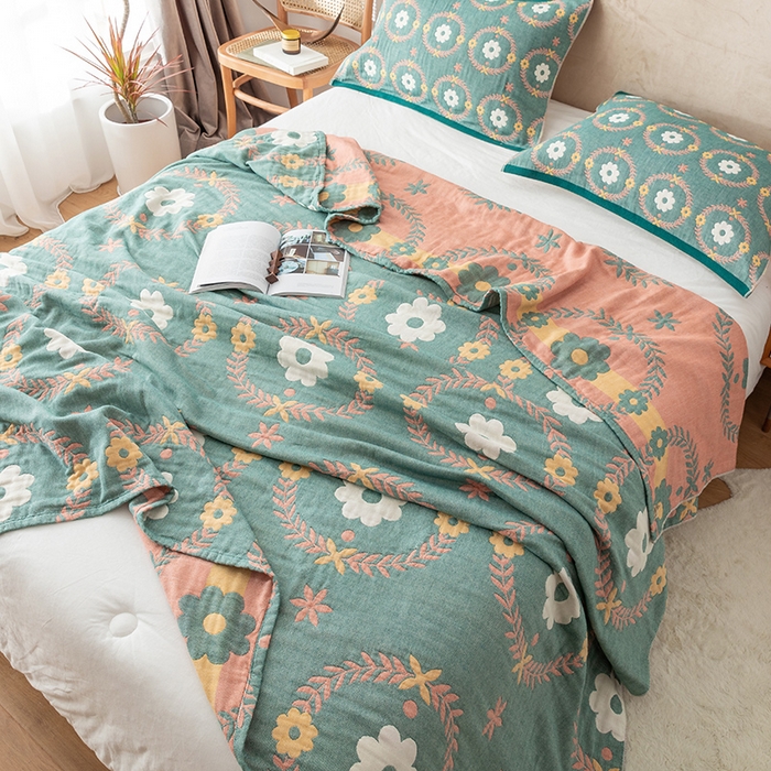 91家纺网 家纺一手货源 找家纺 朴尔  2023年新款四层韩版碎花风全棉纱布毛巾被 花环-绿