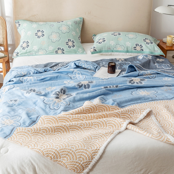 91家纺网 家纺一手货源 找家纺 朴尔  2023年新款四层韩版碎花风全棉纱布毛巾被 花亭玉暖-蓝