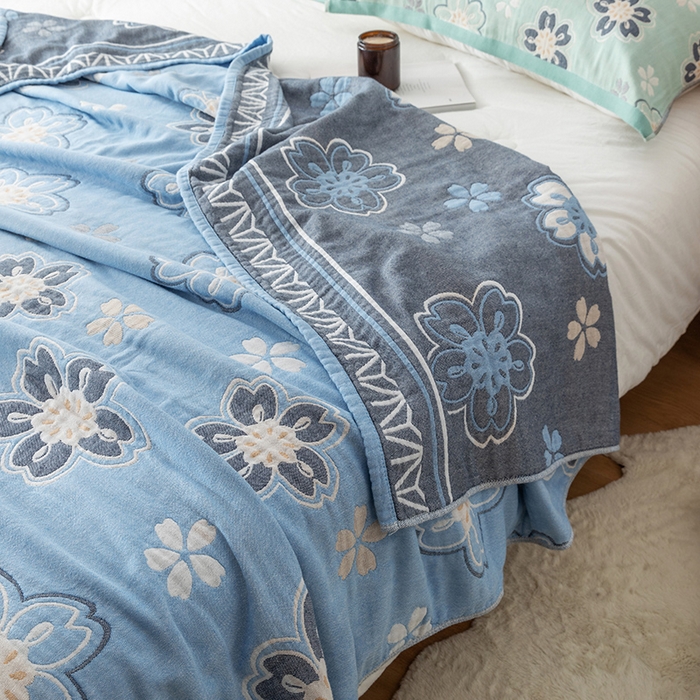 91家纺网 家纺一手货源 找家纺 朴尔  2023年新款四层韩版碎花风全棉纱布毛巾被 花亭玉暖-蓝