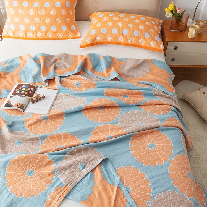 91家纺网 家纺一手货源 找家纺 朴尔  2023年新款四层韩版碎花风全棉纱布毛巾被 橘子物语-兰