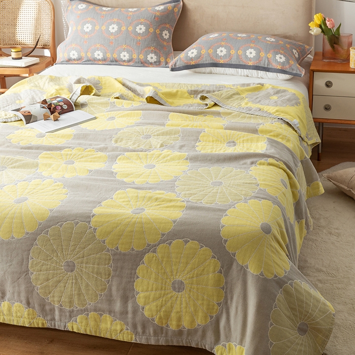 91家纺网 家纺一手货源 找家纺 朴尔  2023年新款四层韩版碎花风全棉纱布毛巾被 橘子物语-浅灰