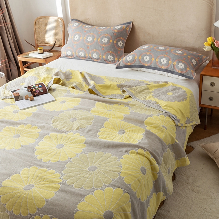 91家纺网 家纺一手货源 找家纺 朴尔  2023年新款四层韩版碎花风全棉纱布毛巾被 橘子物语-浅灰