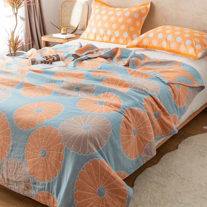 91家纺网 家纺一手货源 找家纺 朴尔  2023年新款四层韩版碎花风全棉纱布毛巾被 橘子物语-兰