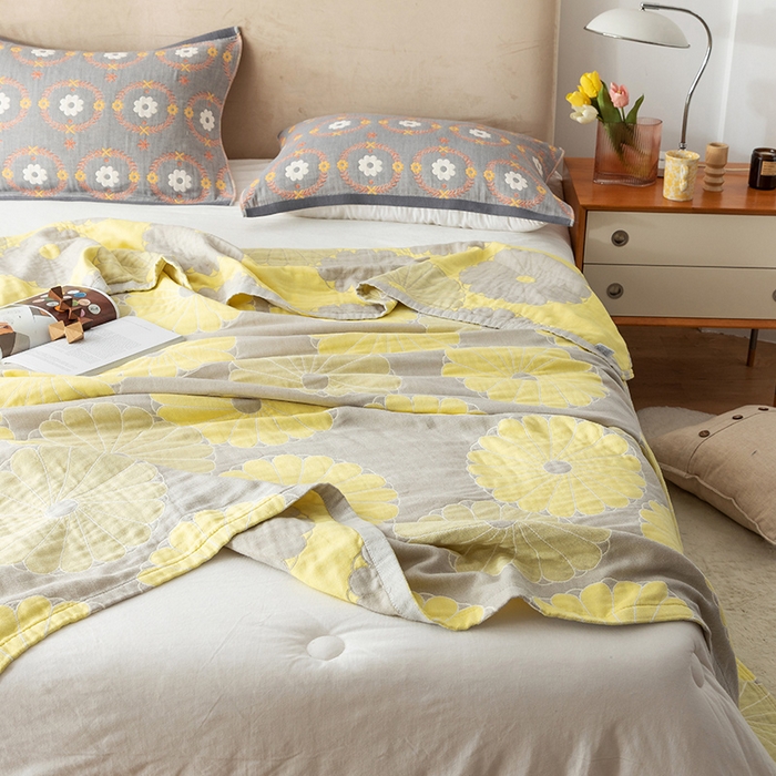 91家纺网 家纺一手货源 找家纺 朴尔  2023年新款四层韩版碎花风全棉纱布毛巾被 橘子物语-浅灰