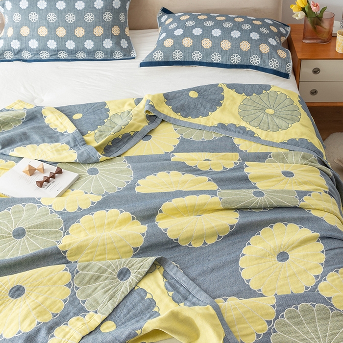 91家纺网 家纺一手货源 找家纺 朴尔  2023年新款四层韩版碎花风全棉纱布毛巾被 橘子物语-深灰