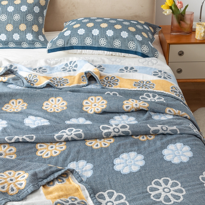 91家纺网 家纺一手货源 找家纺 朴尔  2023年新款四层韩版碎花风全棉纱布毛巾被 曼陀罗-灰