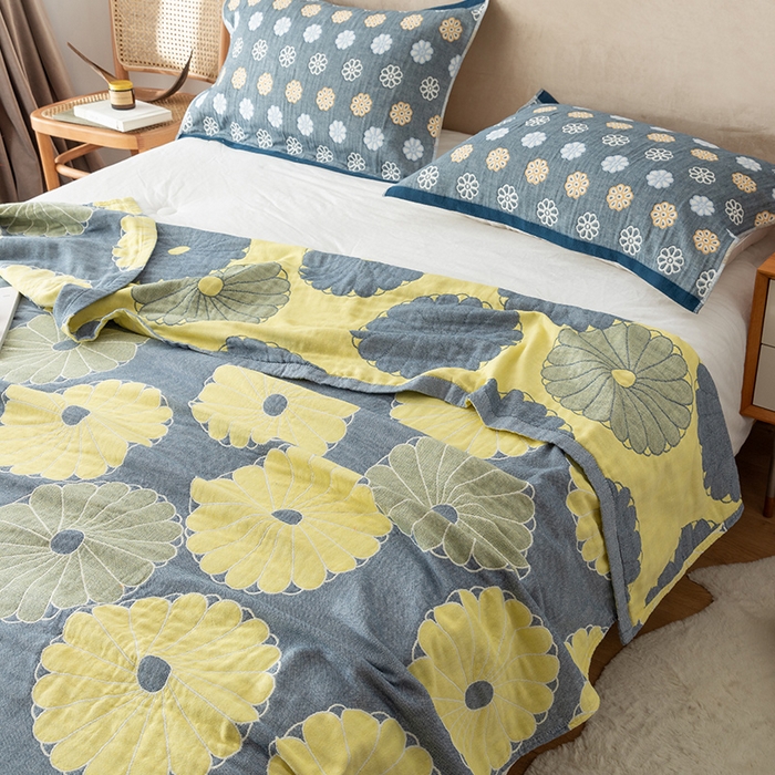 91家纺网 家纺一手货源 找家纺 朴尔  2023年新款四层韩版碎花风全棉纱布毛巾被 橘子物语-深灰