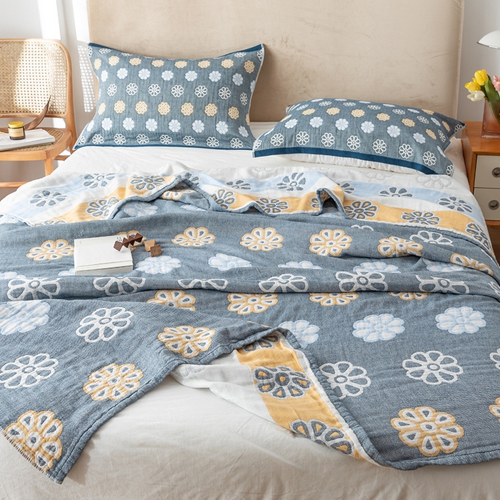 91家纺网 家纺一手货源 找家纺 朴尔  2023年新款四层韩版碎花风全棉纱布毛巾被 曼陀罗-灰