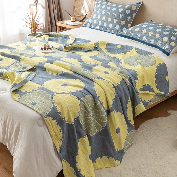 91家纺网 家纺一手货源 找家纺 朴尔  2023年新款四层韩版碎花风全棉纱布毛巾被 橘子物语-深灰