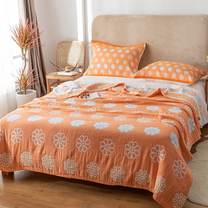 91家纺网 家纺一手货源 找家纺 朴尔  2023年新款四层韩版碎花风全棉纱布毛巾被 曼陀罗-橘