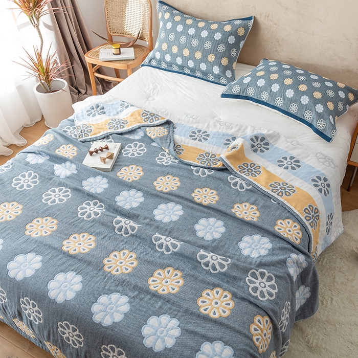 91家纺网 家纺一手货源 找家纺 朴尔  2023年新款四层韩版碎花风全棉纱布毛巾被 曼陀罗-灰