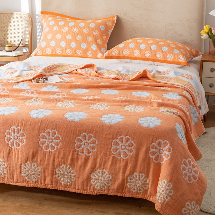 91家纺网 家纺一手货源 找家纺 朴尔  2023年新款四层韩版碎花风全棉纱布毛巾被 曼陀罗-橘