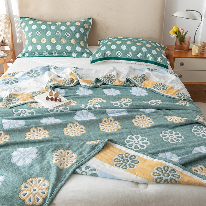 91家纺网 家纺一手货源 找家纺 朴尔  2023年新款四层韩版碎花风全棉纱布毛巾被 曼陀罗-绿