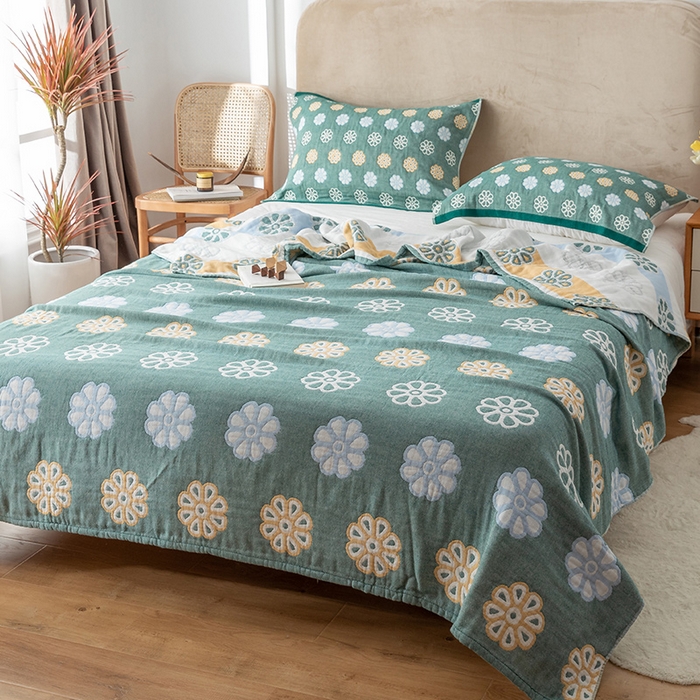 91家纺网 家纺一手货源 找家纺 朴尔  2023年新款四层韩版碎花风全棉纱布毛巾被 曼陀罗-绿