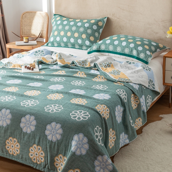 91家纺网 家纺一手货源 找家纺 朴尔  2023年新款四层韩版碎花风全棉纱布毛巾被 曼陀罗-绿