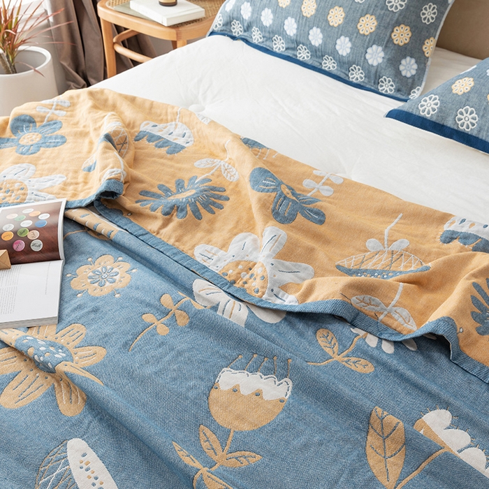 91家纺网 家纺一手货源 找家纺 朴尔  2023年新款四层韩版碎花风全棉纱布毛巾被 清新夏日-蓝