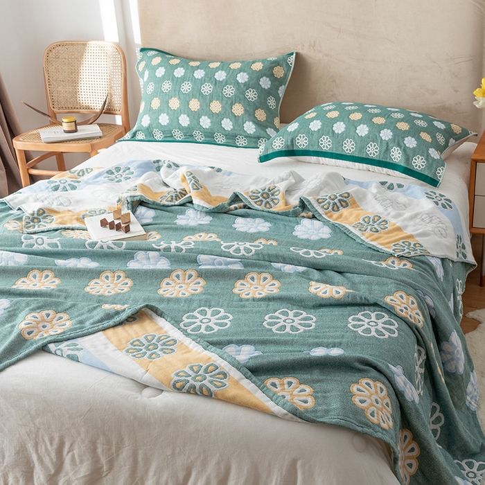 91家纺网 家纺一手货源 找家纺 朴尔  2023年新款四层韩版碎花风全棉纱布毛巾被 曼陀罗-绿