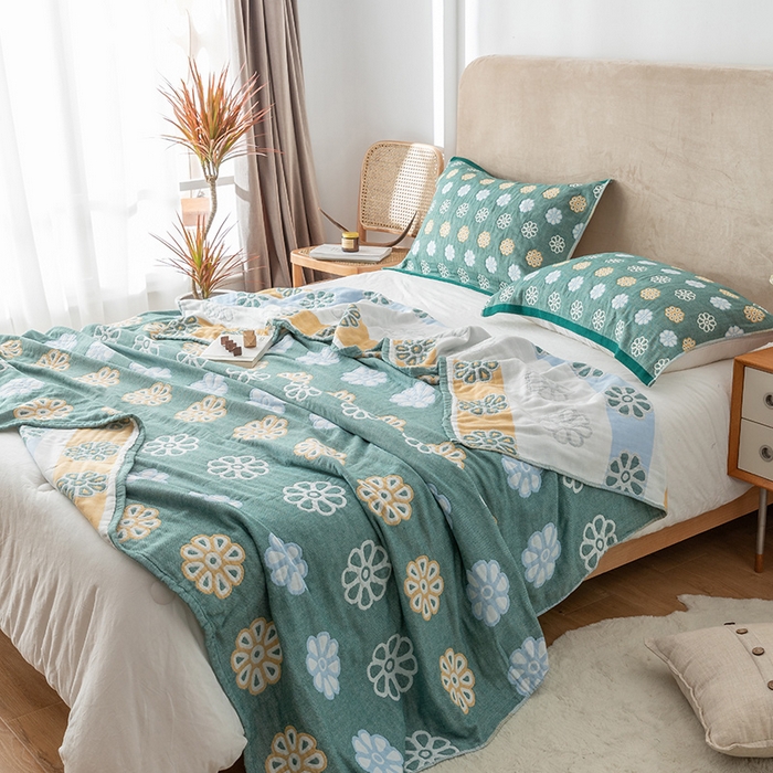 91家纺网 家纺一手货源 找家纺 朴尔  2023年新款四层韩版碎花风全棉纱布毛巾被 曼陀罗-绿