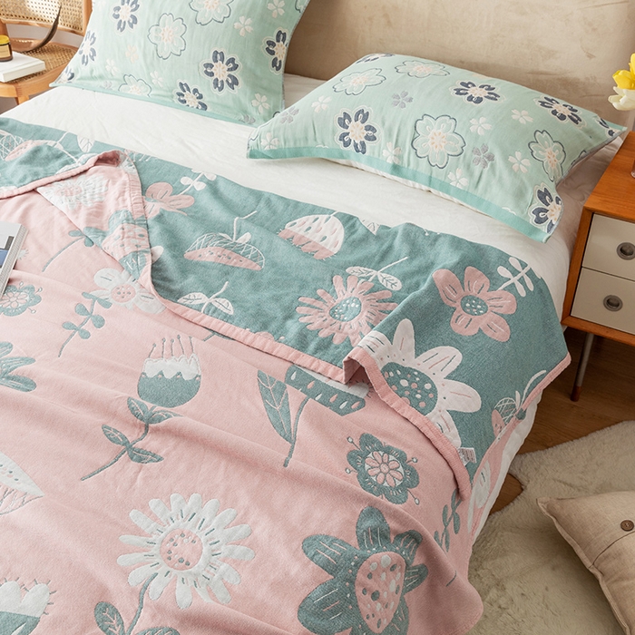 91家纺网 家纺一手货源 找家纺 朴尔  2023年新款四层韩版碎花风全棉纱布毛巾被 清新夏日-粉