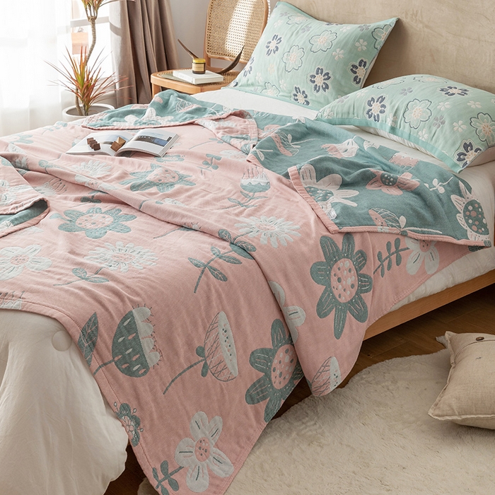 91家纺网 家纺一手货源 找家纺 朴尔  2023年新款四层韩版碎花风全棉纱布毛巾被 清新夏日-粉