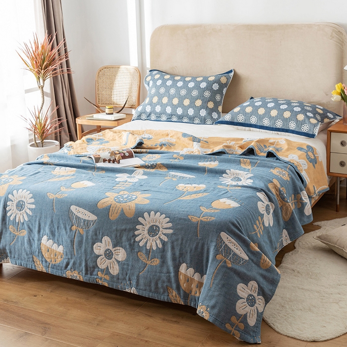 91家纺网 家纺一手货源 找家纺 朴尔  2023年新款四层韩版碎花风全棉纱布毛巾被 清新夏日-蓝