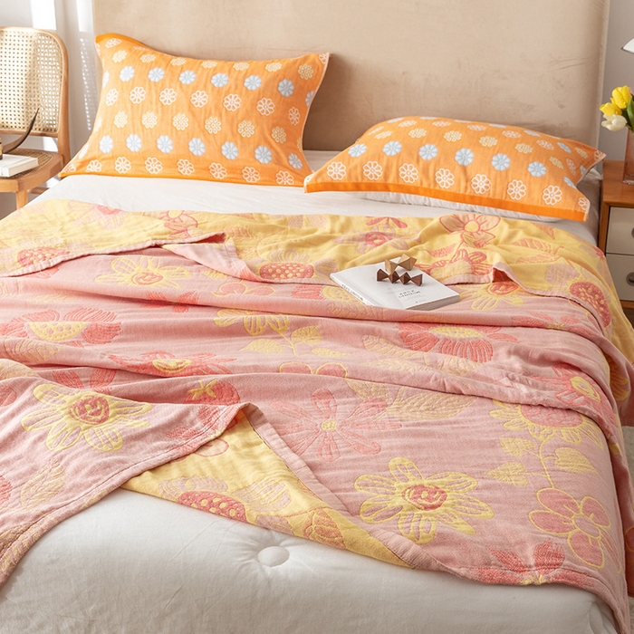 91家纺网 家纺一手货源 找家纺 朴尔  2023年新款四层韩版碎花风全棉纱布毛巾被 向日花开-粉