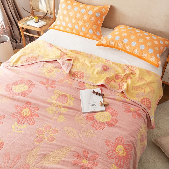 91家纺网 家纺一手货源 找家纺 朴尔  2023年新款四层韩版碎花风全棉纱布毛巾被 向日花开-粉