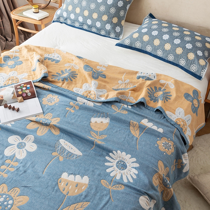 91家纺网 家纺一手货源 找家纺 朴尔  2023年新款四层韩版碎花风全棉纱布毛巾被 清新夏日-蓝