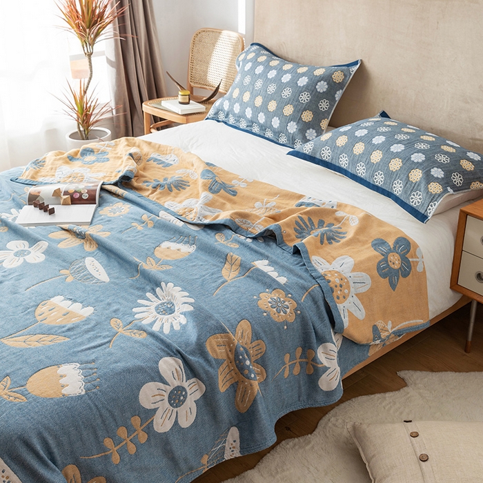 91家纺网 家纺一手货源 找家纺 朴尔  2023年新款四层韩版碎花风全棉纱布毛巾被 清新夏日-蓝