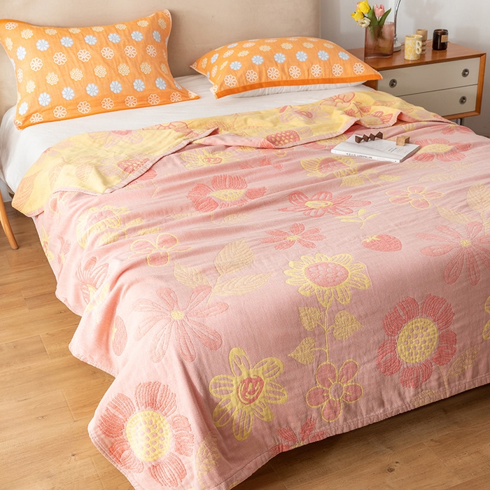 91家纺网 家纺一手货源 找家纺 朴尔  2023年新款四层韩版碎花风全棉纱布毛巾被 向日花开-粉