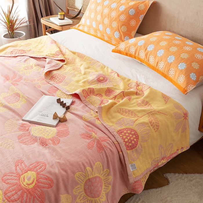 91家纺网 家纺一手货源 找家纺 朴尔  2023年新款四层韩版碎花风全棉纱布毛巾被 向日花开-粉