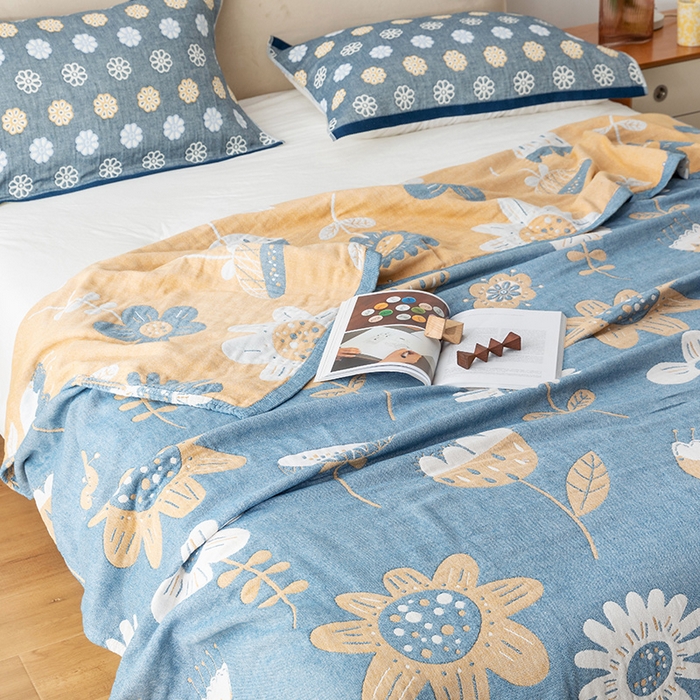 91家纺网 家纺一手货源 找家纺 朴尔  2023年新款四层韩版碎花风全棉纱布毛巾被 清新夏日-蓝