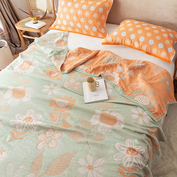 91家纺网 家纺一手货源 找家纺 朴尔  2023年新款四层韩版碎花风全棉纱布毛巾被 向日花开-绿