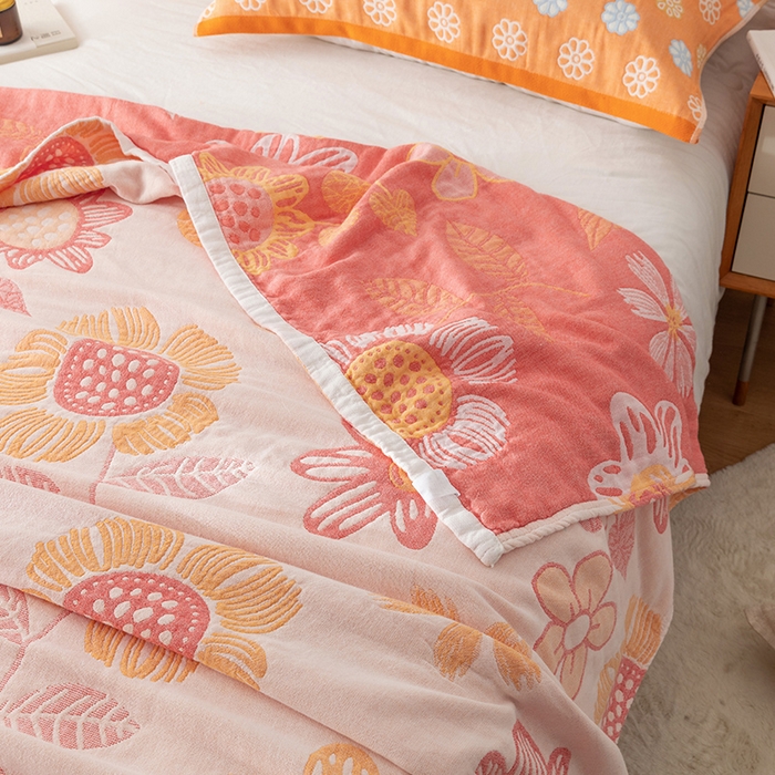 91家纺网 家纺一手货源 找家纺 朴尔  2023年新款四层韩版碎花风全棉纱布毛巾被 向日花开-米白