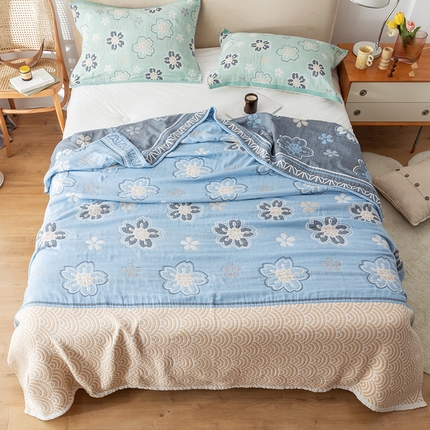 91家纺网 家纺一手货源 找家纺 朴尔  2023年新款四层韩版碎花风全棉纱布毛巾被 花亭玉暖-蓝