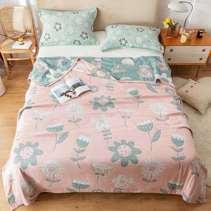 91家纺网 家纺一手货源 找家纺 朴尔  2023年新款四层韩版碎花风全棉纱布毛巾被 清新夏日-粉