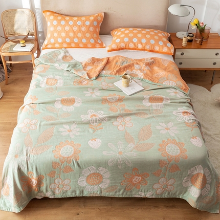 91家纺网 家纺一手货源 找家纺 朴尔  2023年新款四层韩版碎花风全棉纱布毛巾被 向日花开-绿