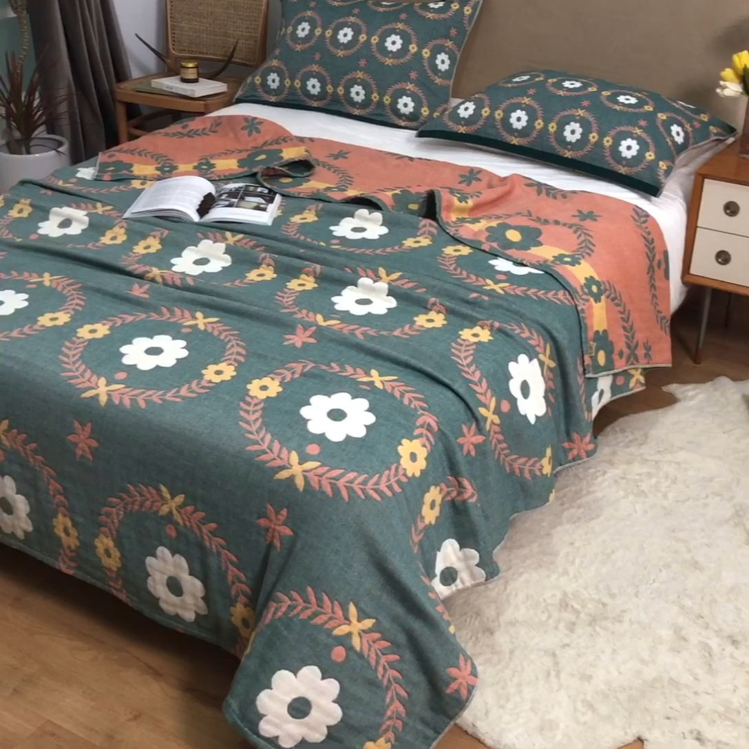 91家纺网 家纺一手货源 找家纺 朴尔  2023年新款四层韩版碎花风全棉纱布毛巾被 花环-绿