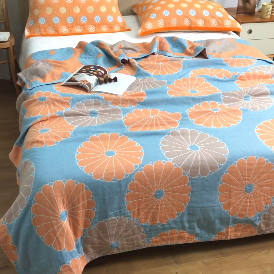 91家纺网 家纺一手货源 找家纺 朴尔  2023年新款四层韩版碎花风全棉纱布毛巾被 橘子物语-兰