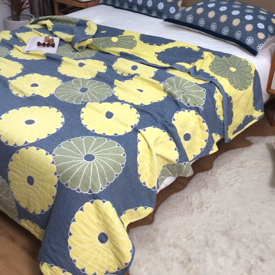 91家纺网 家纺一手货源 找家纺 朴尔  2023年新款四层韩版碎花风全棉纱布毛巾被 橘子物语-深灰