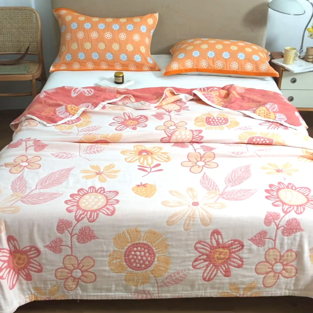 91家纺网 家纺一手货源 找家纺 朴尔  2023年新款四层韩版碎花风全棉纱布毛巾被 向日花开-米白