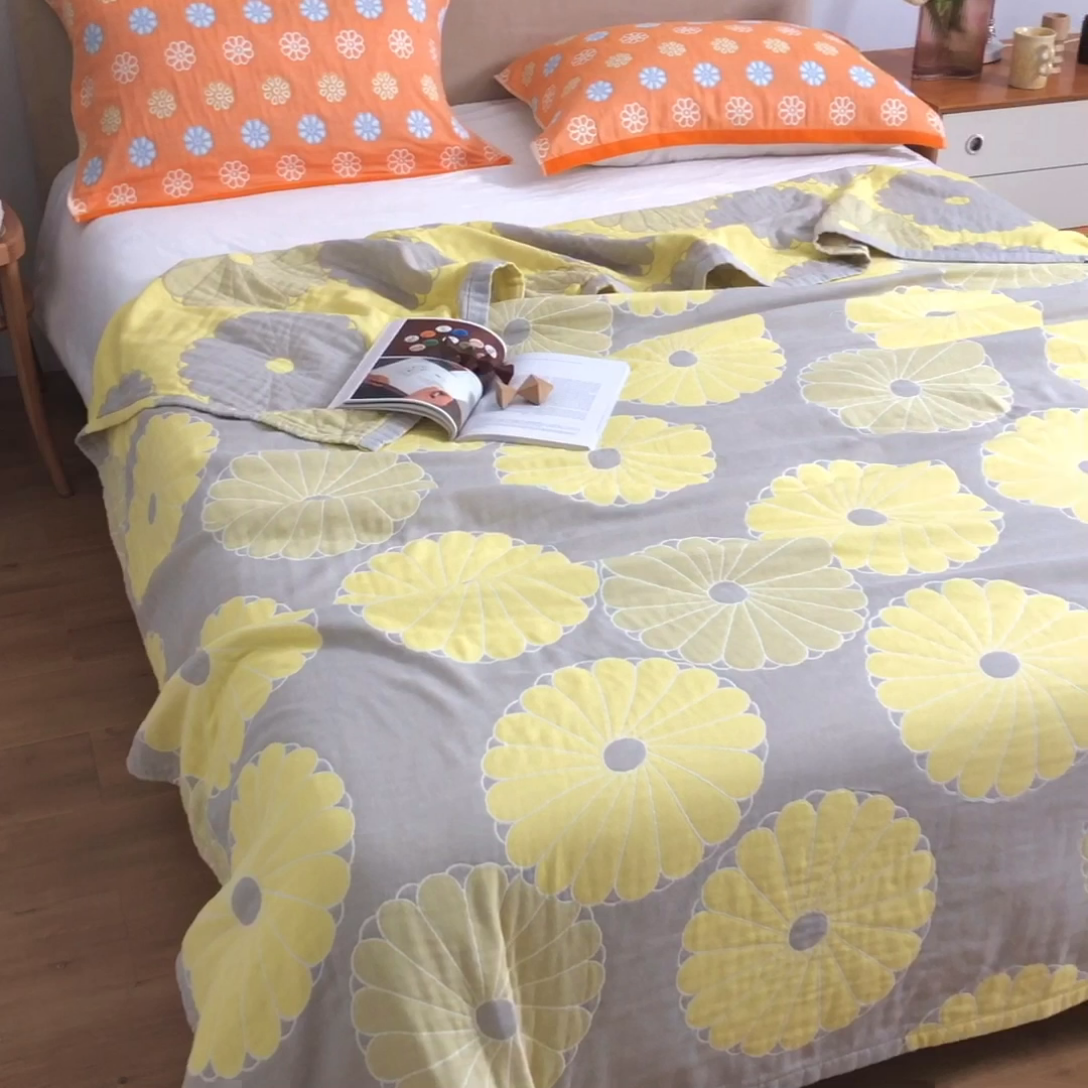 91家纺网 家纺一手货源 找家纺 朴尔  2023年新款四层韩版碎花风全棉纱布毛巾被 橘子物语-浅灰