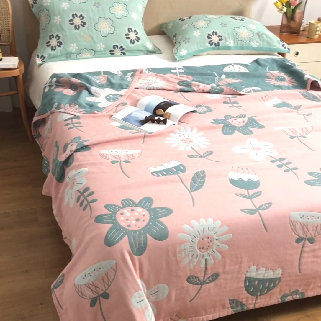 91家纺网 家纺一手货源 找家纺 朴尔  2023年新款四层韩版碎花风全棉纱布毛巾被 清新夏日-粉