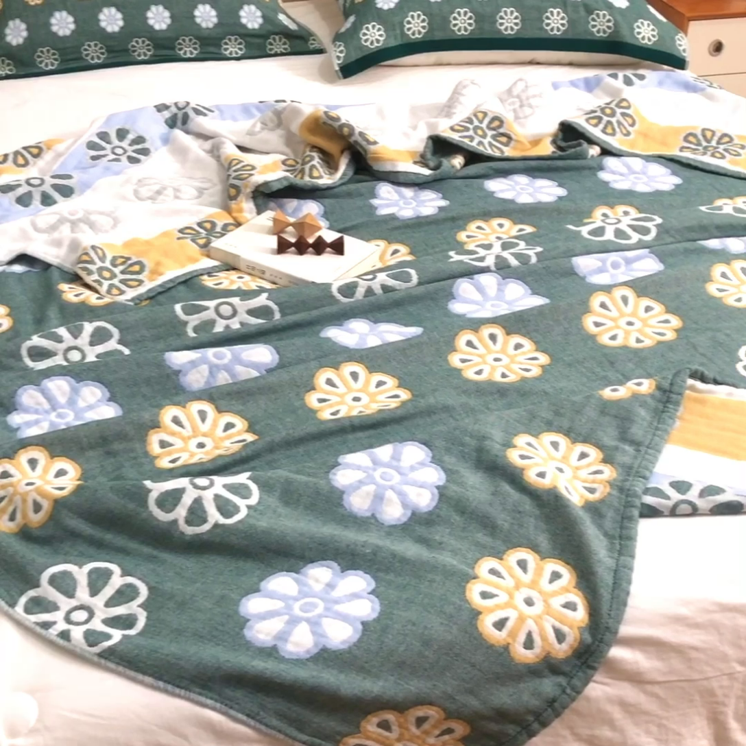 91家纺网 家纺一手货源 找家纺 朴尔  2023年新款四层韩版碎花风全棉纱布毛巾被 曼陀罗-绿